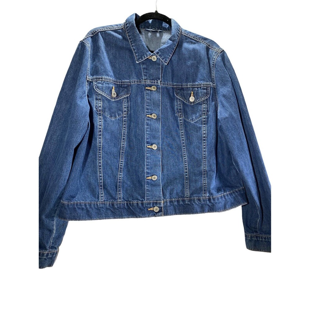 Lands End Blue Jean Trucker Denim Distressed Jacket Womens XL 18-20 44" Bust